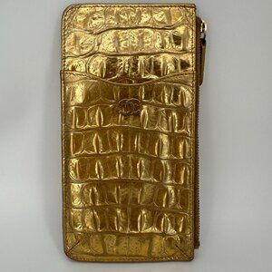 Chanel Gold Crocodile Embossed Calfskin Flat Wallet Pouch